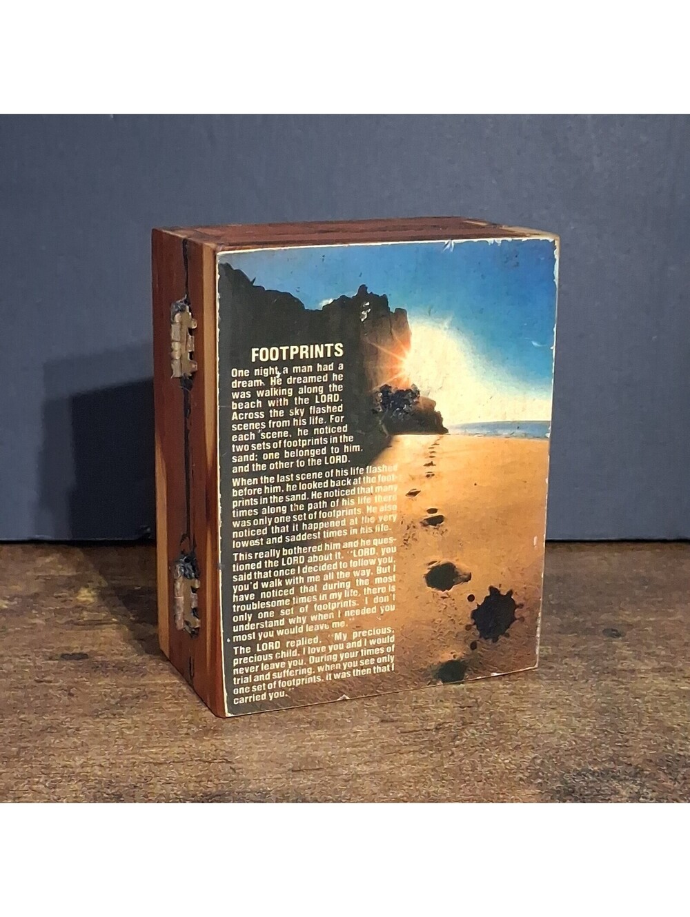 Viintage Christian Footprints Small Wood Wooden Storage Stash Box